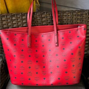 MCM Red Logo Print Tote Bag